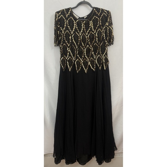 VTG Laurence Kazar 100% Silk Black Gold Beaded Gown Womens Size XL *FLAWS* - Picture 1 of 15
